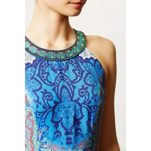 585 Anthropologie Ranna Gill Blue Boeh Maxi Dress Beaded Pleated Size 2 - Picture 2 of 8